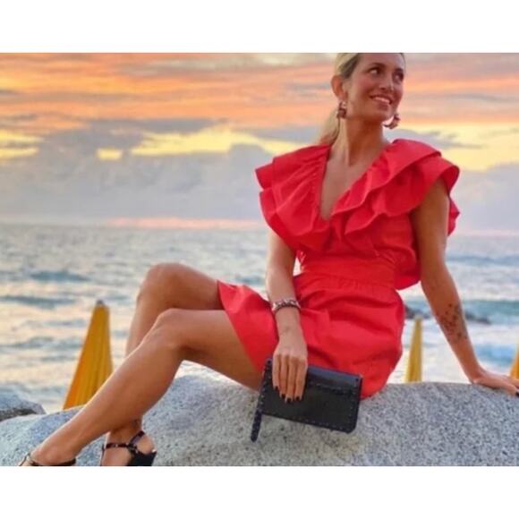 Zara Dresses & Skirts - Zara Ruffle V-Neck Mini Dress Red Size XS